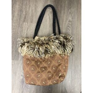 Reversible Feather Trim Monkey Print Boho Shoulder Bag Festival Statement Purse